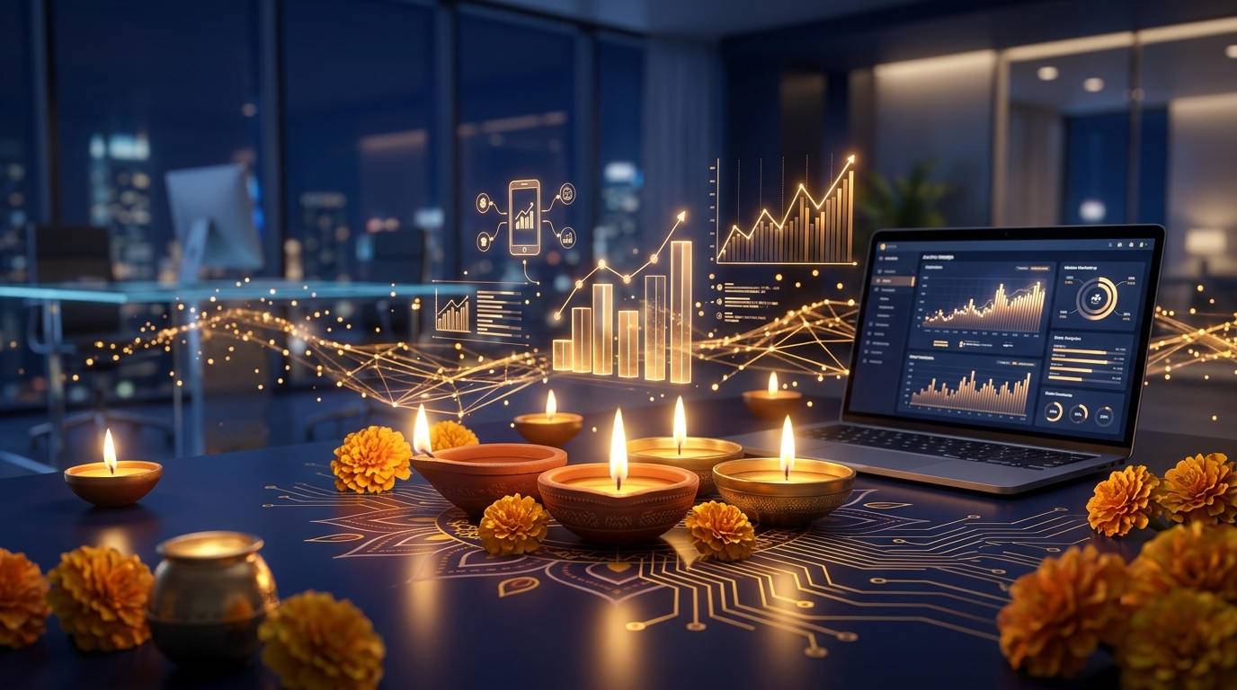Diwali 2026 Digital Marketing Trends in India showing warm festive lighting and modern digital marketing data dashboards